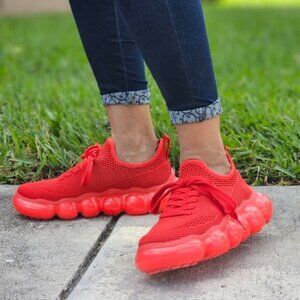 Women Knitted Stylish Bubble Textured Lace up Sneakers Red Color